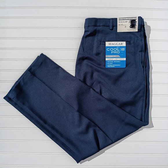 HAGGAR Dress Pants Mens 40 x 29 / 30 Navy Blue Flat Front Cool 18 Pro Slacks NWT - Picture 1 of 12